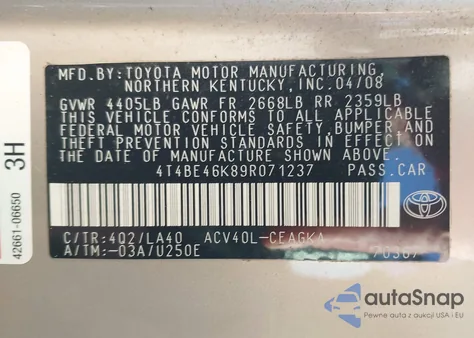 2009 Toyota Camry Xle z USA, uszkodzony, nr VIN 4T4BE46K89R071237